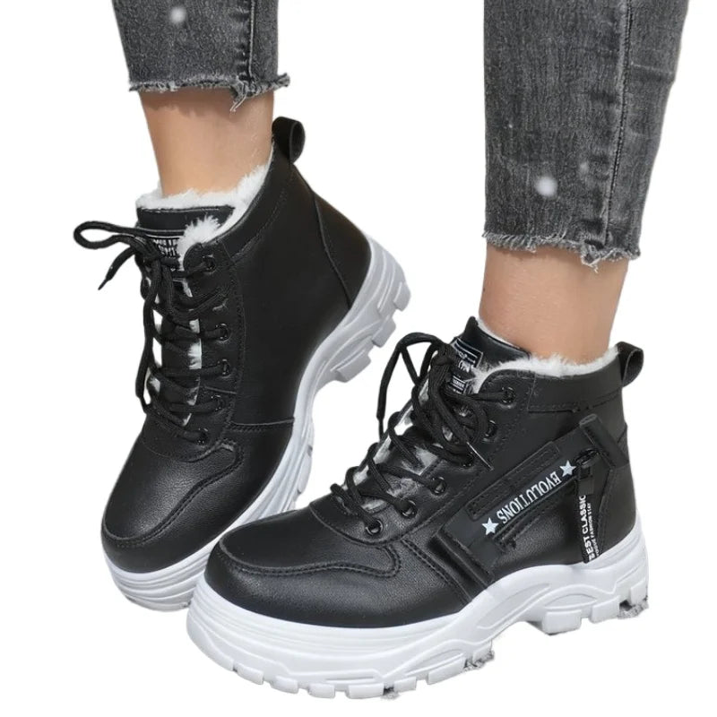 Women's Winter Snow Boots Warm Plush Lined Lace Up Chunky Platform Sneaker Booties Side Zipper Outdoor Walking Shoes for Ladies