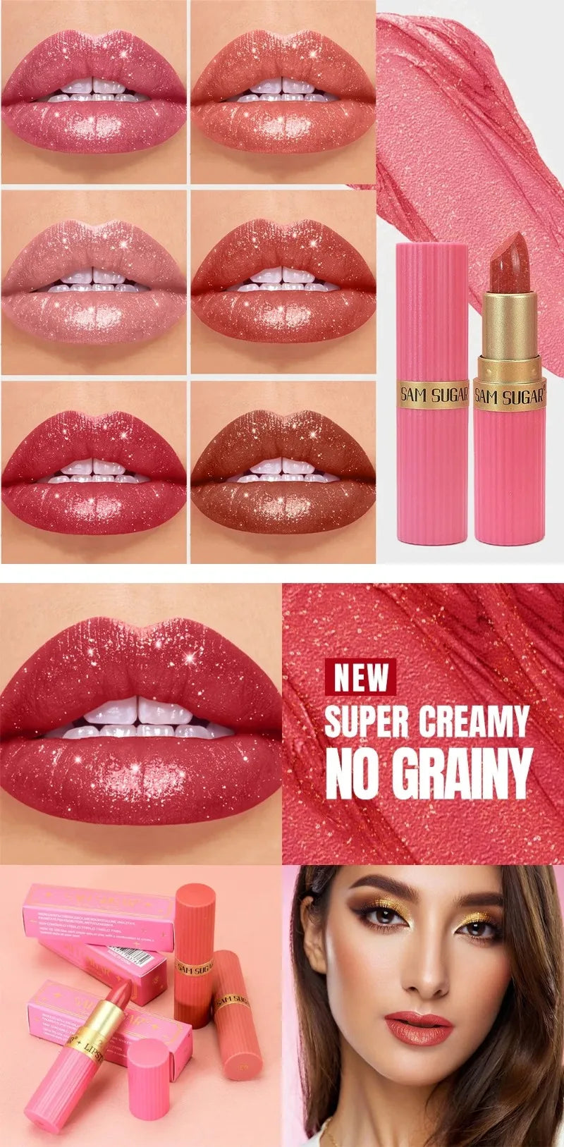 Pearlescent Pink Glitter Lipstick Metallic Waterproof Long Lasting Nude Matte Velvet Lip Stick Shimmer Diamond Women Sexy Makeup
