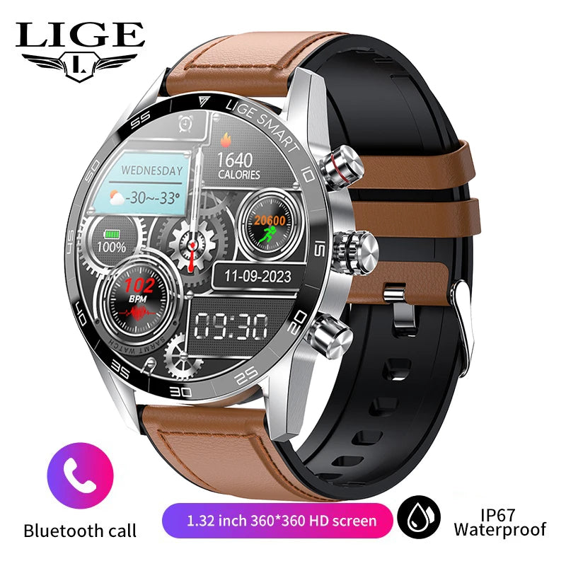 LIGE Men's Smart Watch Bluetooth Connection AMOLED Screen Smartwatch Men IP68 Waterproof Voice Call Samrtwatches for Android iOS