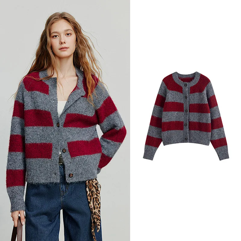 TOYOUTH Women Sweater 2025 Autumn New Color Contrasting Lulu Style Striped Cardigan Tops