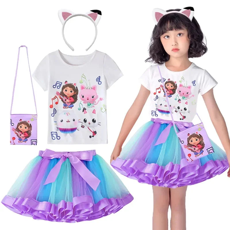 Gabby Dollhouse Girl Set Children's Cosplay Costume Sets Summer Cats-Tastic Tops+Skirt+Bag 3-Piece Suit