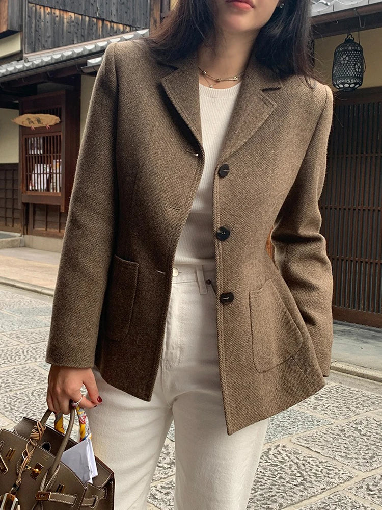 50 Wool Women Notched Collar Blazer Jacket Coat Fall Winter Thick Warm Overcoat Pocket Fashion Slim Waist Buttons Coat 2024 New