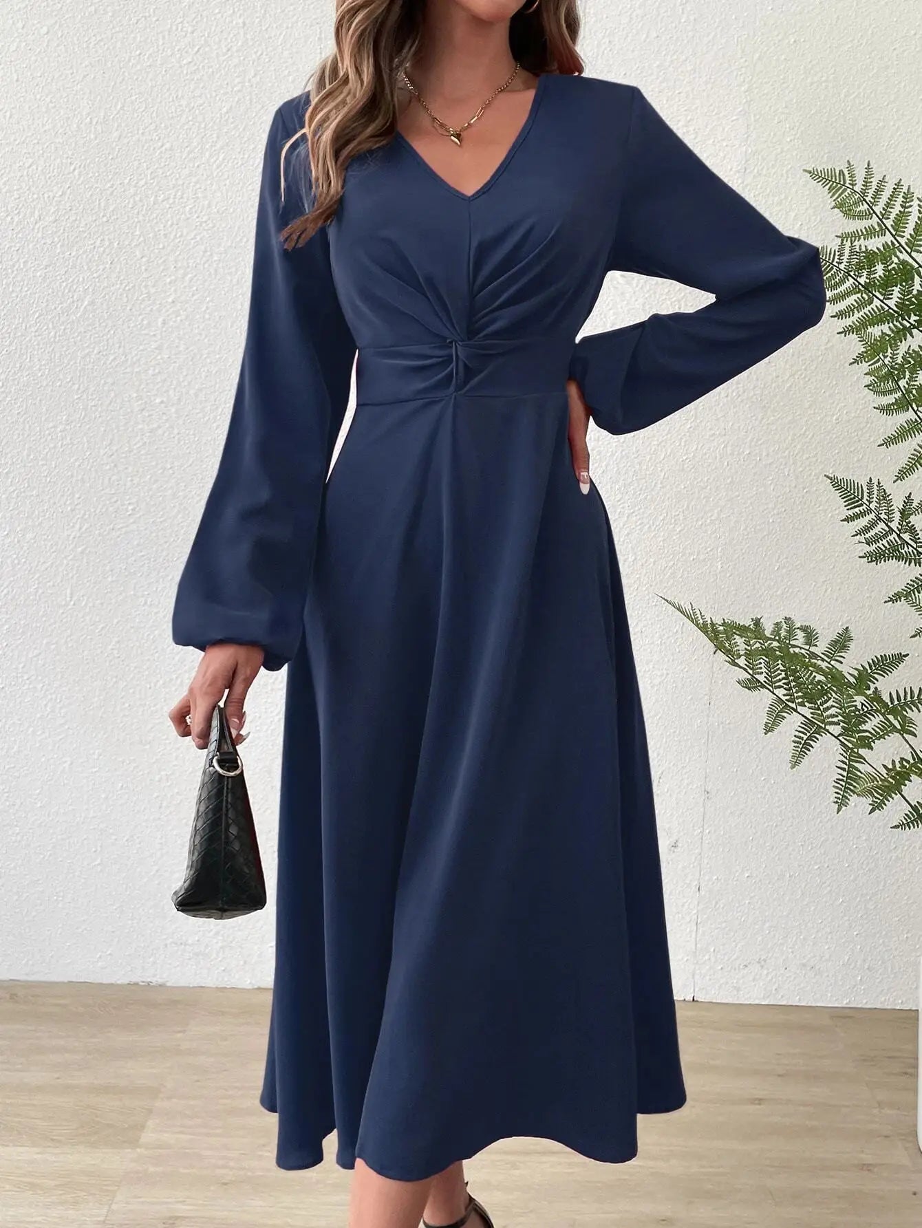 European American Fashion Spring Summer Fashion V-neck Lantern Long-sleeved Skirt Twisted Edge Elegant Mid-length Dress