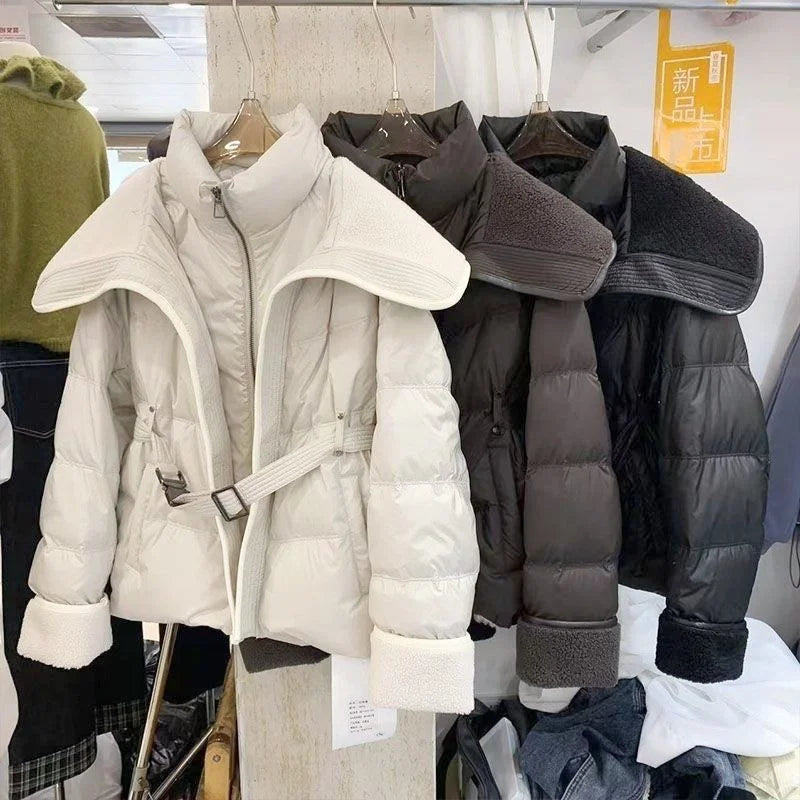 2025 New Winter Jacket Coat Female Parkas Fashion Lamb Wool Double Collar Short Belt Warm Down Cotton Jacket Women Outerwear Top