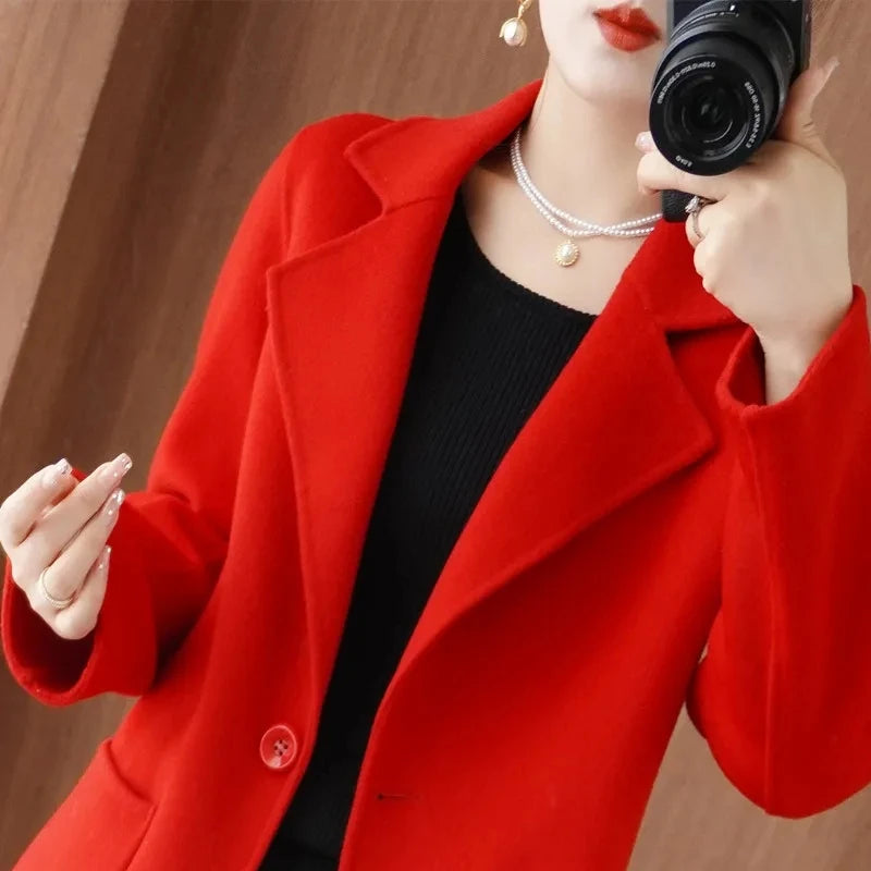 100% Pure Wool Double-Sided Cashmere Jacket Women Overcoat  Autumn Winter New Mid-Length One-Button Slim Wool Windbreakers coat