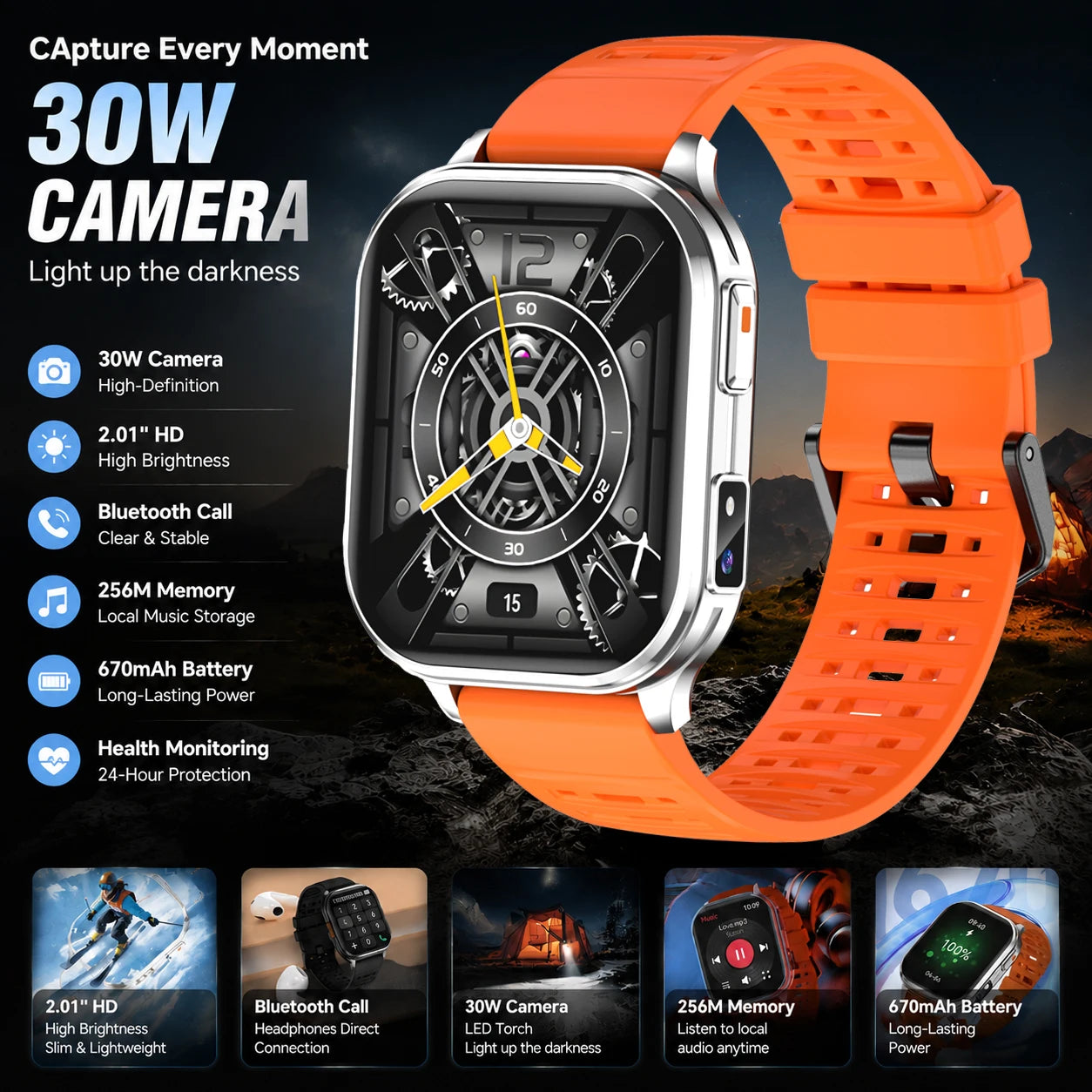 New Smart Watch 2.01" 30W Camera LED Torch 256MB Memory 670mAh Waterproof Health Monitoring 100+ Sports Mode BT Call Smart Watch