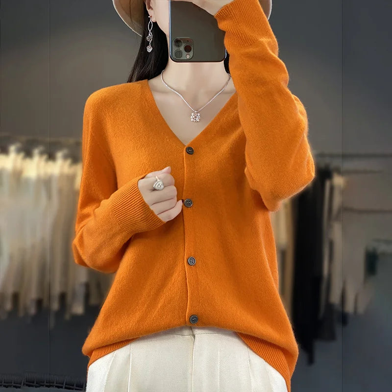 New Fashion Spring Autumn 100% Merino Wool Women's V-neck Cardigan Cashmere Sweater 2024 Female Knitwear Clothing Korean Tops
