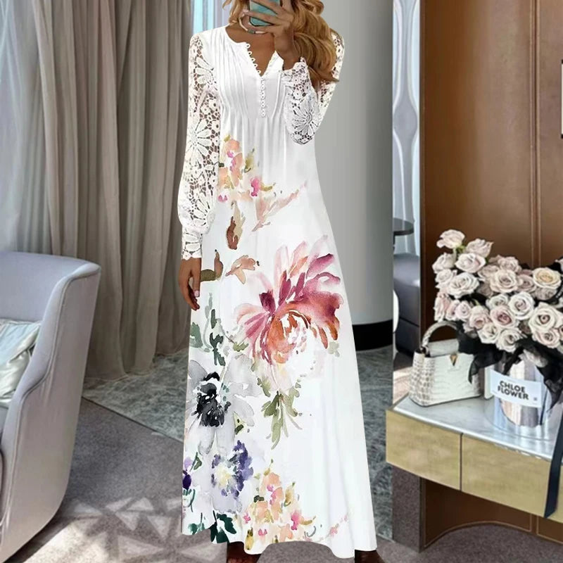 Spring Women Lace Button Loose Boho Vintage Ruffles Dresses Befree Summer Elegant Party Large Big Summer Party Maxi Dress