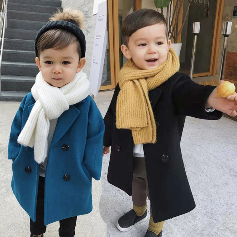 Spring Boys Jackets Child  Girl Woolen Double-breasted Baby Trench Coat Lapel Autumn Kids Outerwear  Winter Wool Overcoat