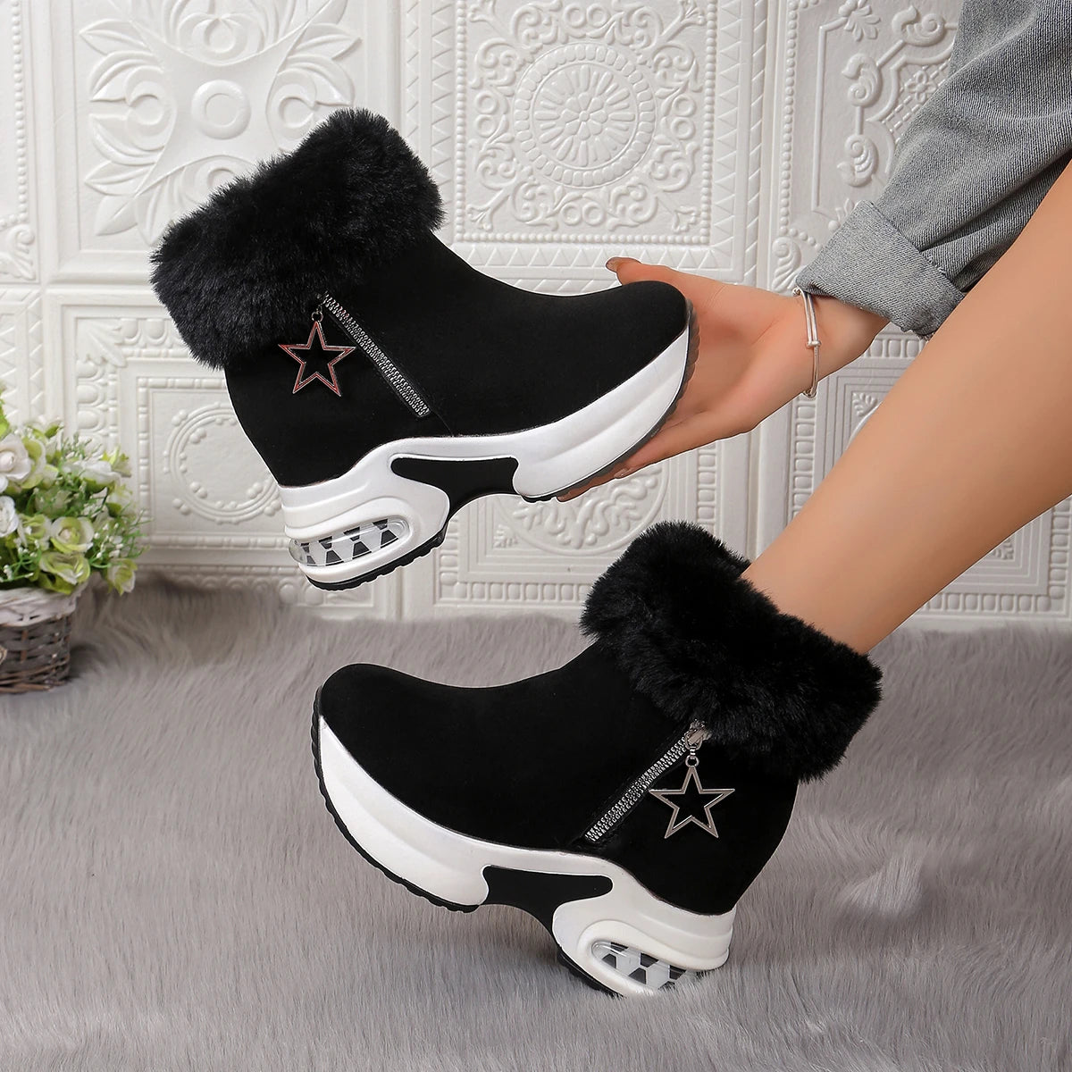 Women Boots Winter 2024 New Casual High Heels Warm Boots Thickened Fluff Wedge Shoes Fashion Outdoor Platform Snow Boots Women