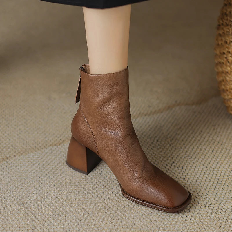 2024 Autumn/winter Women Boots High Heels Square Toe Short Boots Women Shoes Office Lady Gladiator Lady Shoes Genuine Leather