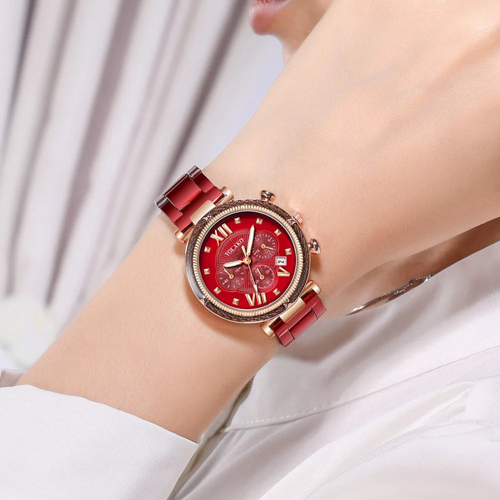 Fashion Women's Watch Set Luxury Black Watches Women Stainless Steel Auto Date Quartz Wristwatches Ladies Montre Femme Reloj