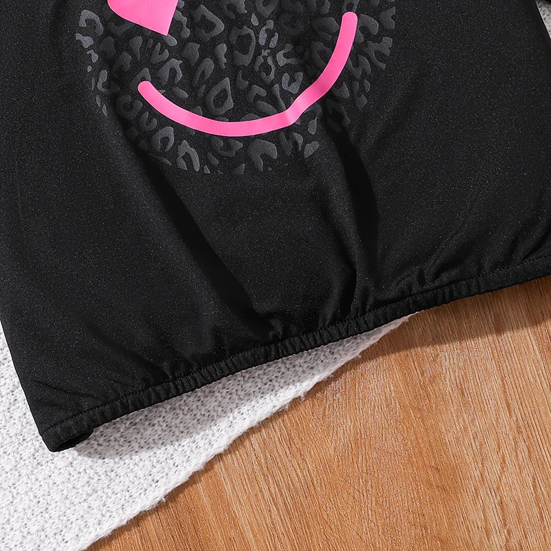 2024 New Children's Fashion Clothes Sets For Kids Girl Black Smiley T-shirt And Rose Red Pleated Skirt High Quality Korean Style