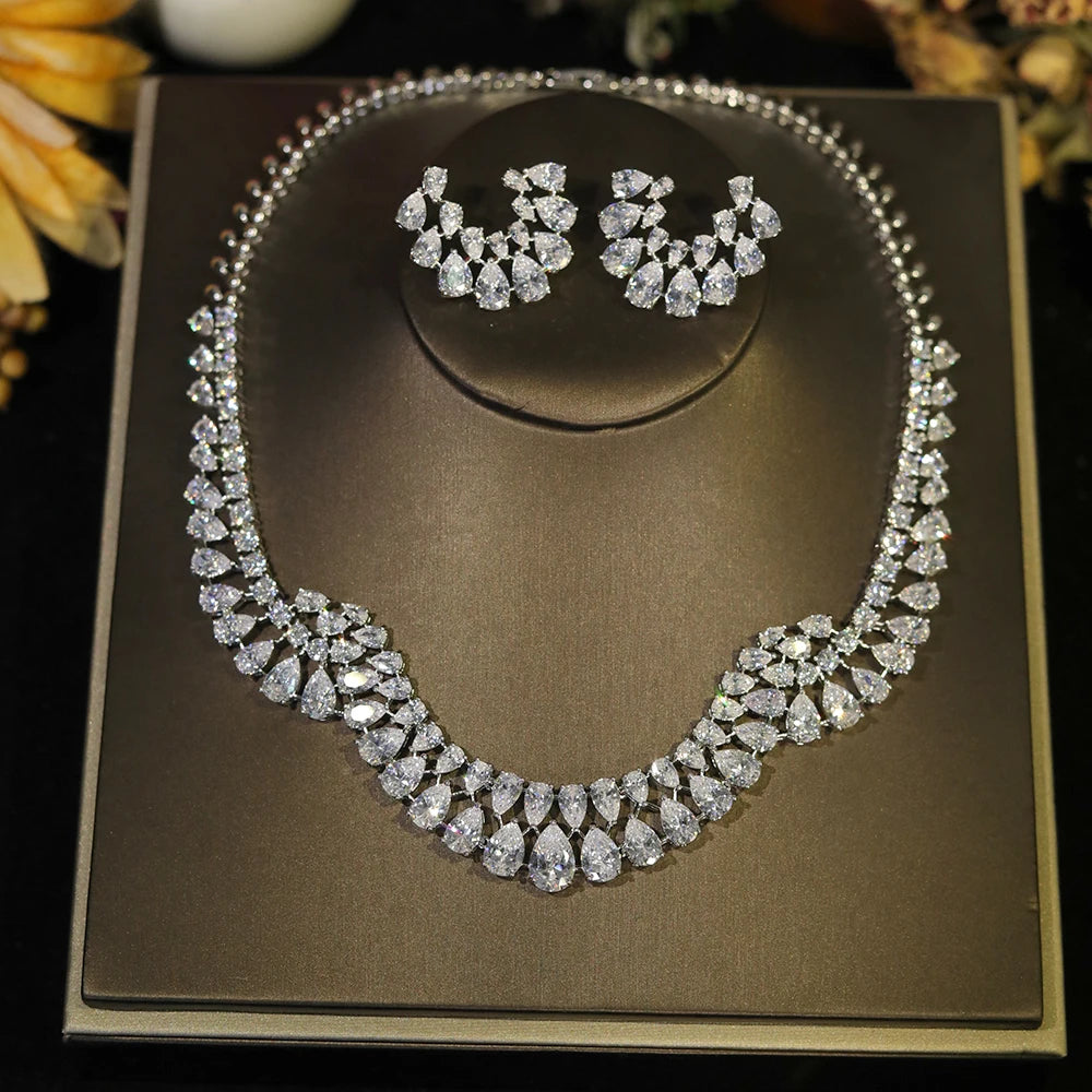 ASNORA Luxury Sparkling Zircon Geometric Design Wedding Necklace Jewelry Sets Bijoux Femme Ensemble  X0610
