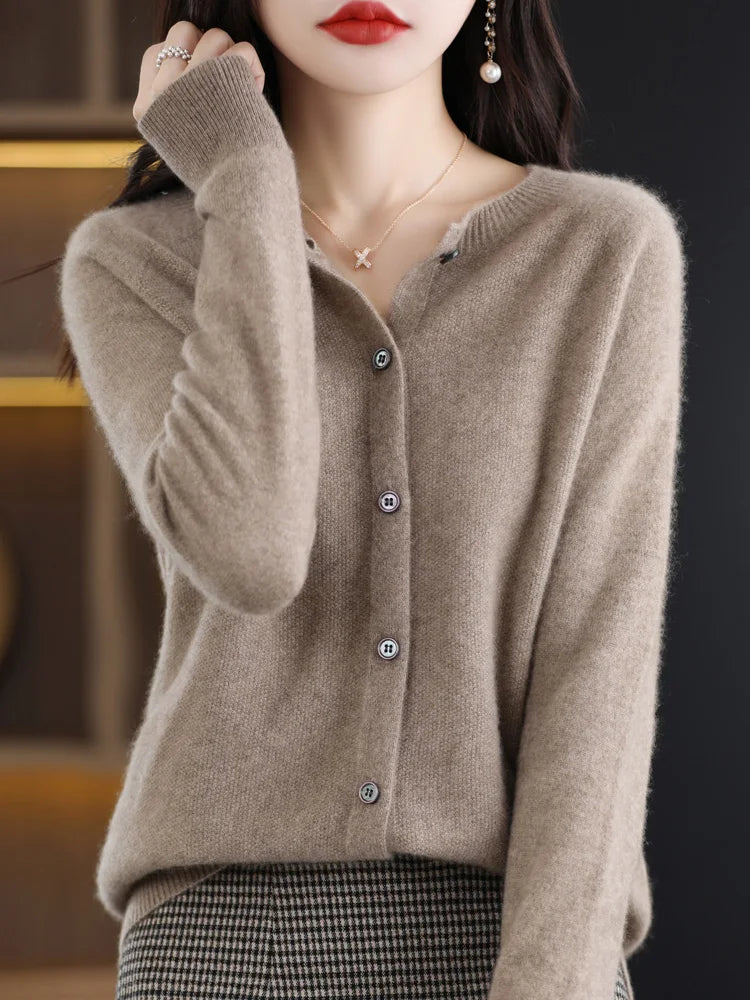 Women Cashmere Sweater 100% Merino Wool Knitted Cardigan Autumn Winter  Knitwear O-Neck Female  Solid Color Casual Fashion Top