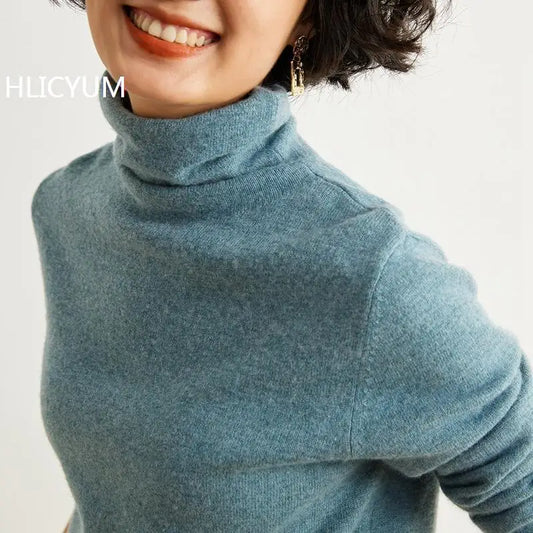Women's 100% Cashmere Sweater Casual Solid Color Knitted Pullover Loose High Neck Jumper Autumn/Winter Warm Blouse Tops