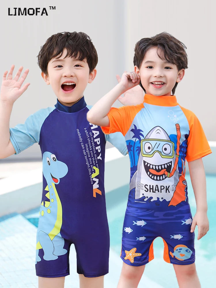 LJMOFA Baby Boy Swimwear surfing Wear Shark Short Sleeve One Piece Toddler Infant Swimsuit for Girls Beach Bathing Suit D405