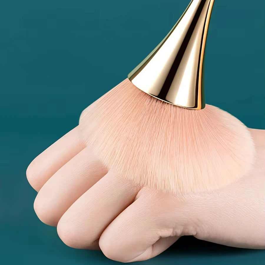 Rose Golden Fan Makeup Brush, Cosmetic Brush Loose Powder, Highlighting Brush Blush - Soft Hair Makeup Fixing