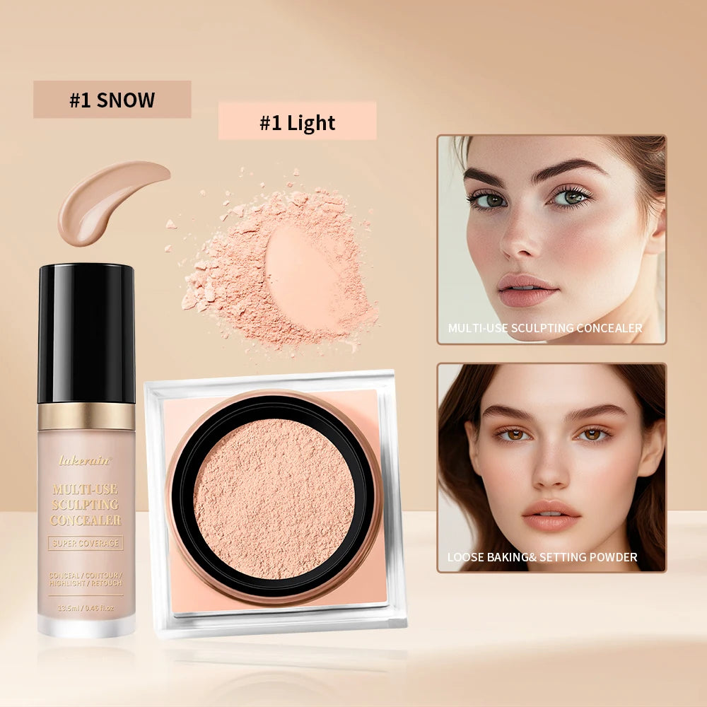 2pcs Face Makeup Set With Concealer And Loose Setting Powder Natural Face Smooth Matte Finish Women Cosmetics Korean Makeup