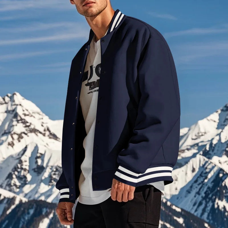 Men's baseball jacket autumn and winter fleece American solid color loose casual stand-up collar single-breasted flight jacket
