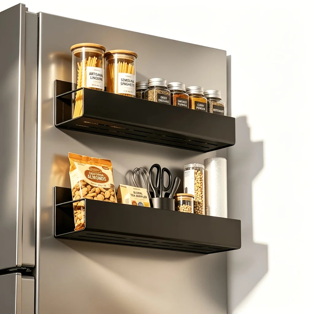 Magnetic Fridge Organizer Rack, Strong Magnet Kitchen Storage Shelf, No-Drill Washing Machine Side Spice Holder, Multi-functional Organizer Basket