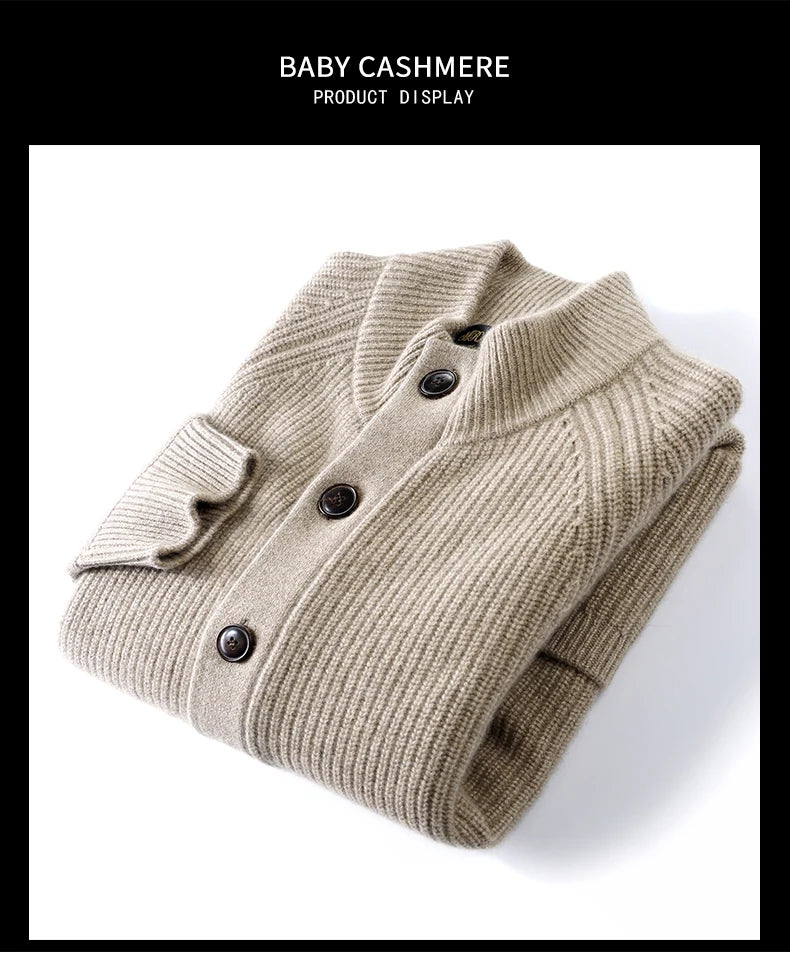 100% Pure Cashmere Sweater for Men's Cardigan Half Turtleneck Knitted Jacket for Winter High-End Business Thickened Sweater