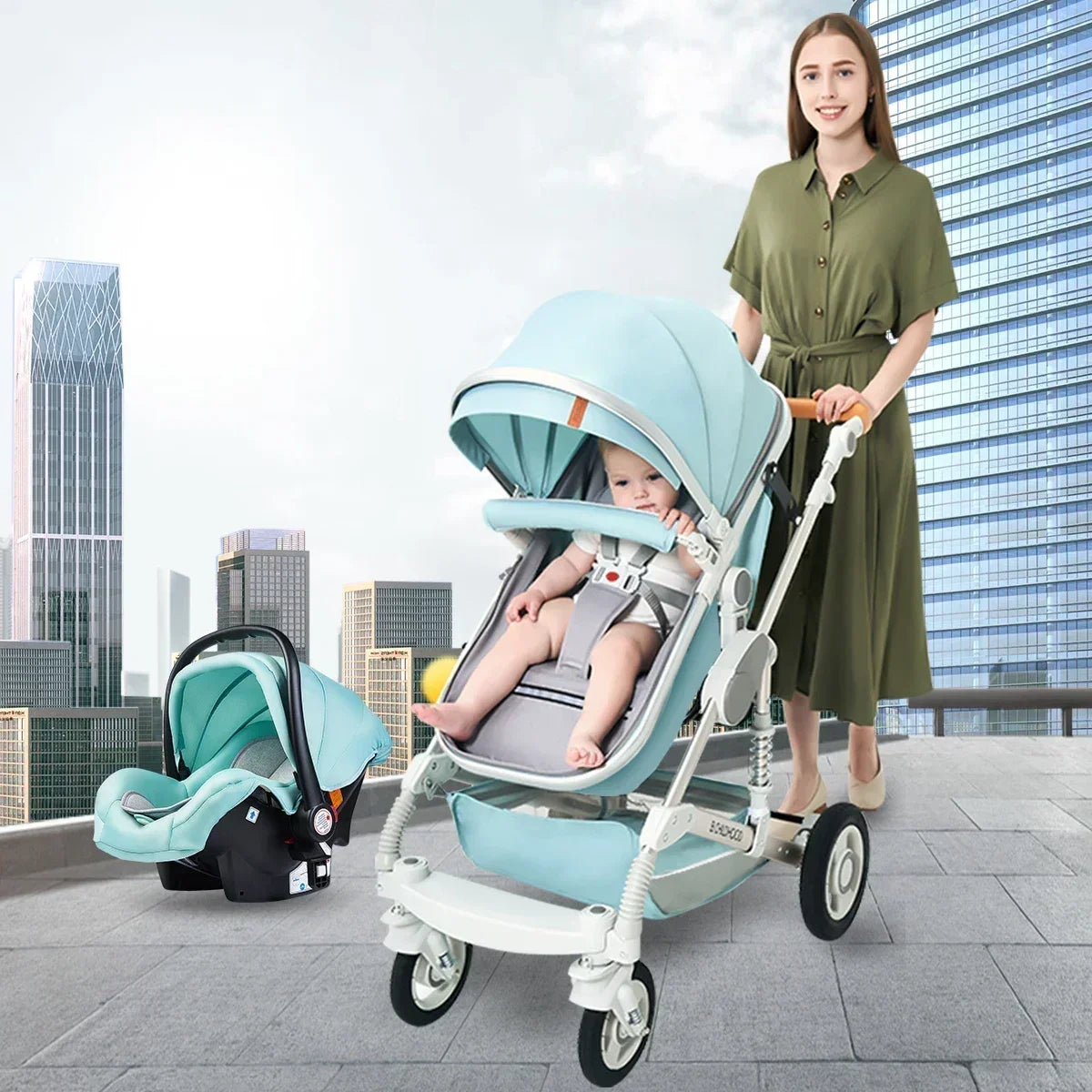 Baby stroller 3in1 with car seat with ISOFIX base, luxury high landscape baby carriage aluminum alloy frame travel stroller