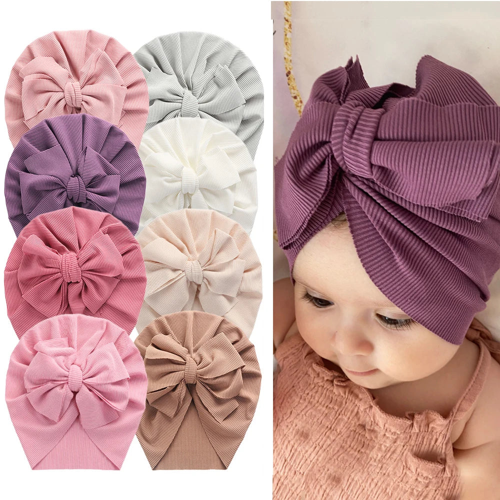 Solid Ribbed Bunny Knot Turban Hats for Baby Boys Girls Beanies Striped Thin Elastic Caps Bonnet Newborn Toddler 0-4T Headwraps