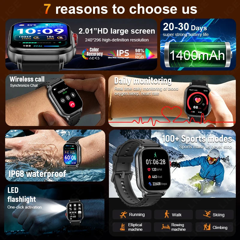LIGE New Smart Watch Men Women 1400mAh Ultra Battery 2.01Inch HD Screen LED Flashlight IP68 Waterproof Bluetooth Call SmartWatch