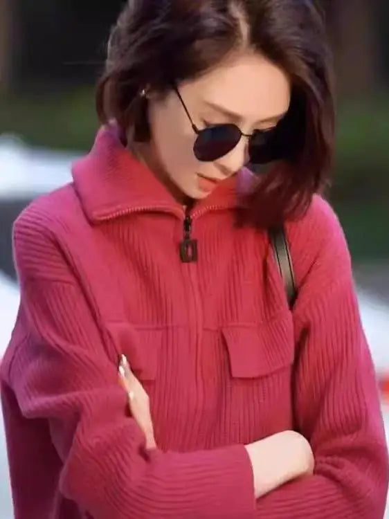 New 100% pure cashmere cardigan in autumn and winter women's POLO collar cashmere rose red coat knitted hooded sweater