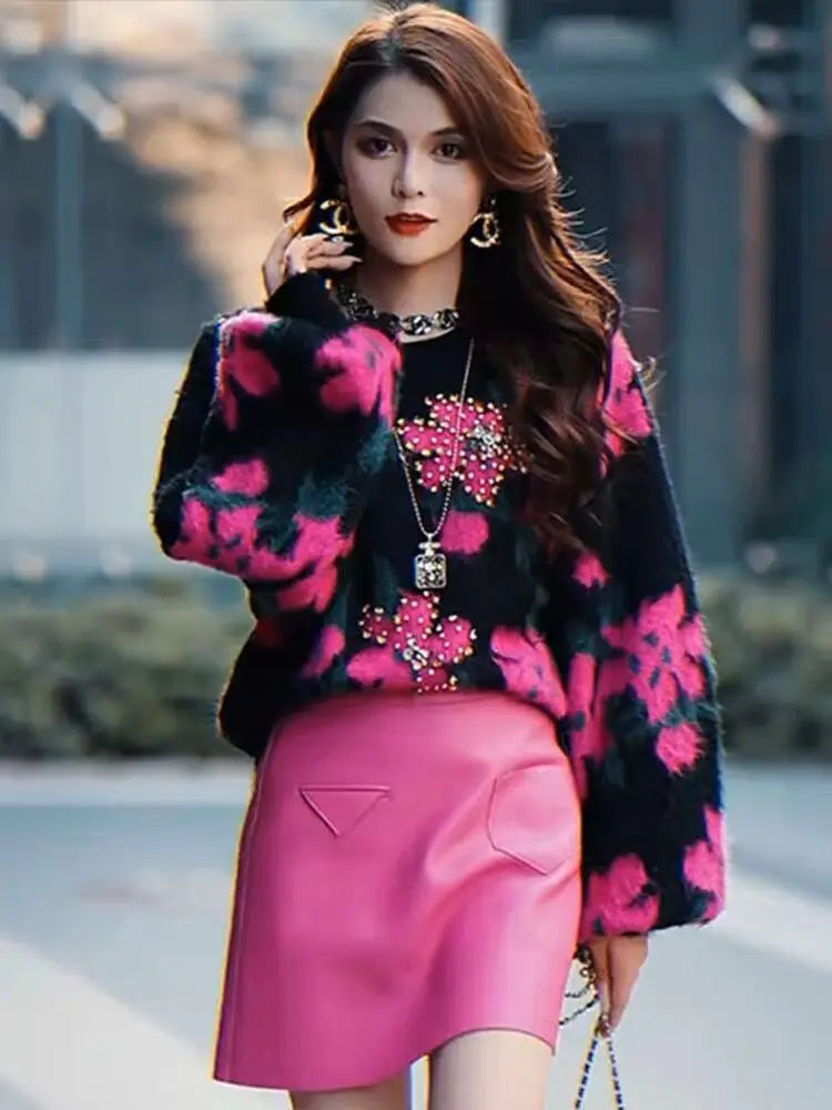 Vintage Diamond Flowers Jacquard Knit Pullover Autumn Winter Thick Women Sweater Cashmere Soft Loose Mohair Knitwear Warm X411