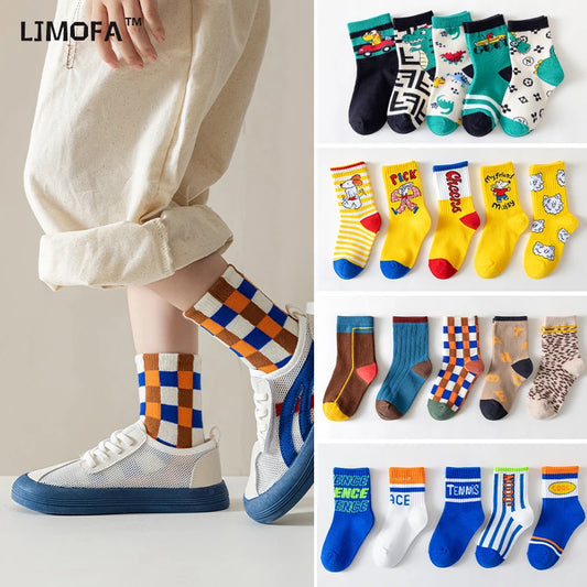 LJMOFA 5 Pairs Children Socks for Girls Boy Cartoon Toddler Cotton Knitted Sports Socks Four Seasons New Kids Tube Socks C161