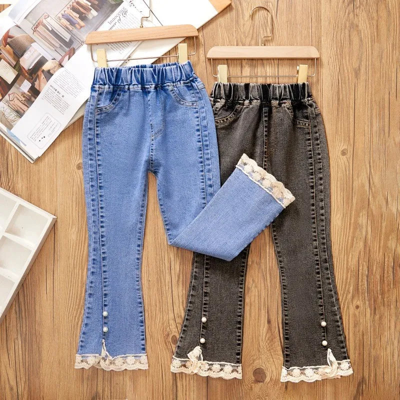 Girls Jeans Fashion Lace Elastic Waistline Denim Flared Pants Autumn Solid Color Trousers Teenager Spring Kid Girl Clothes 1-12Y