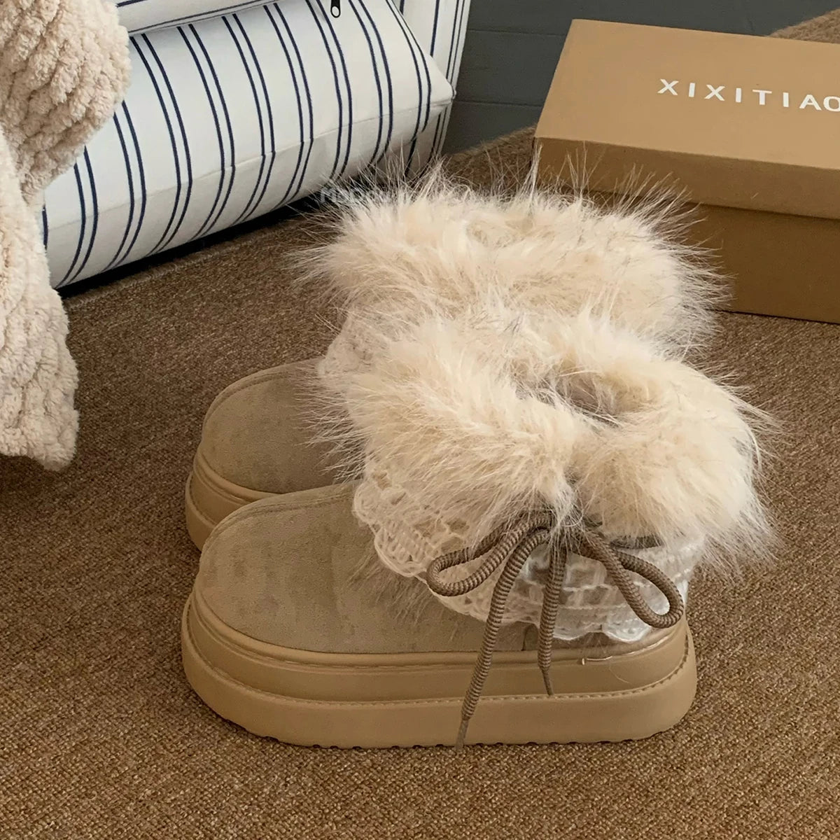 Winter New Warm Snow Boots 2025 Fur Design Women Short Boots Non-slip Light Comfortable Child Home Slippers High Top Shoe