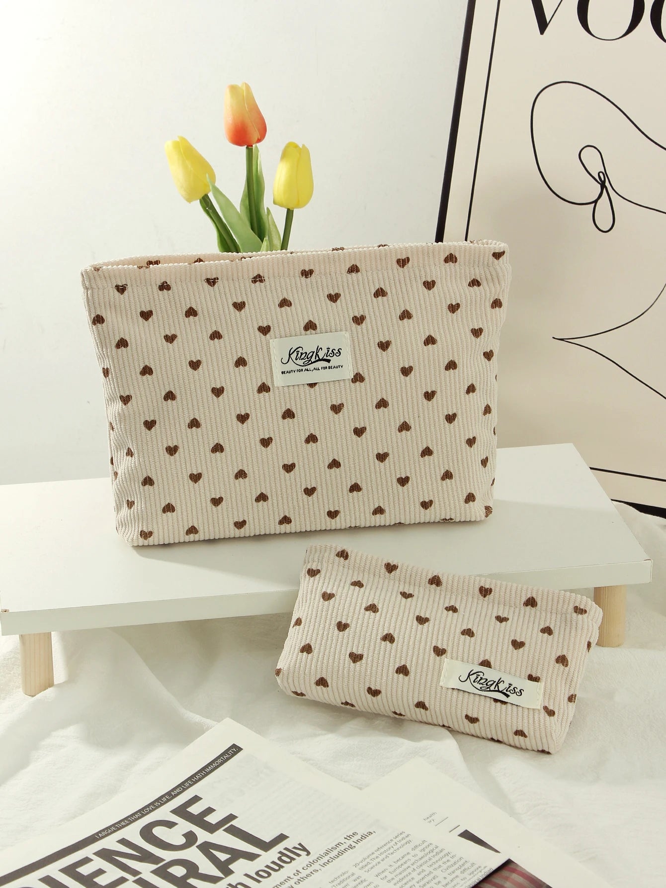 1 piece/set beige heart, bow makeup bag, heart pattern clutch, multifunctional fashion makeup bag, cute makeup brush storage bag