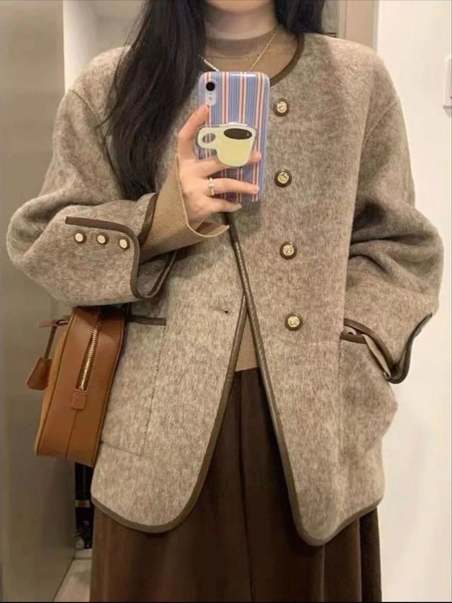 Wool Blend Coat for Women Short Plain Half Long Sleeve Elegant Mixtures Jacket Woman Fashion 2025 Winter Clothes Single Cheap