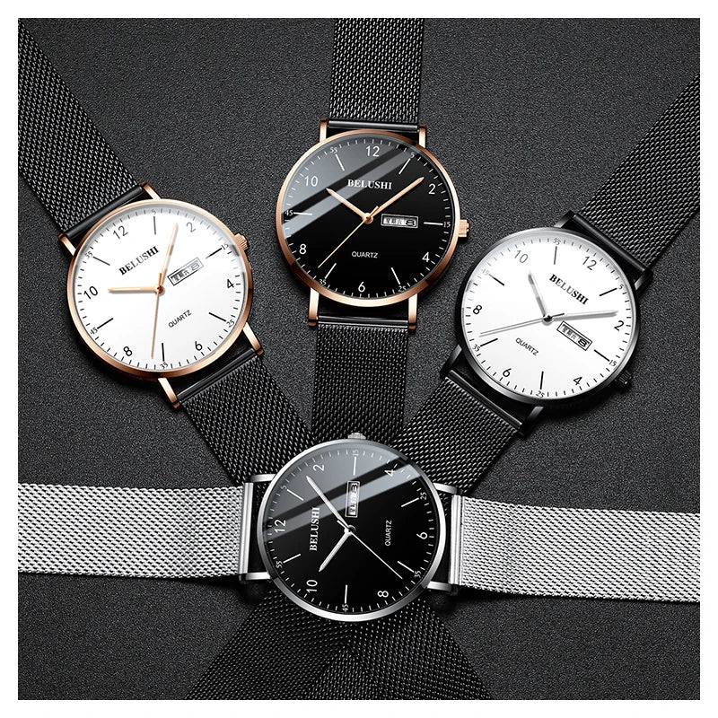 BELUSHI Quartz Watch for Men Luxury Mesh Steel Casual Watches Waterproof Business Male Wristwatch