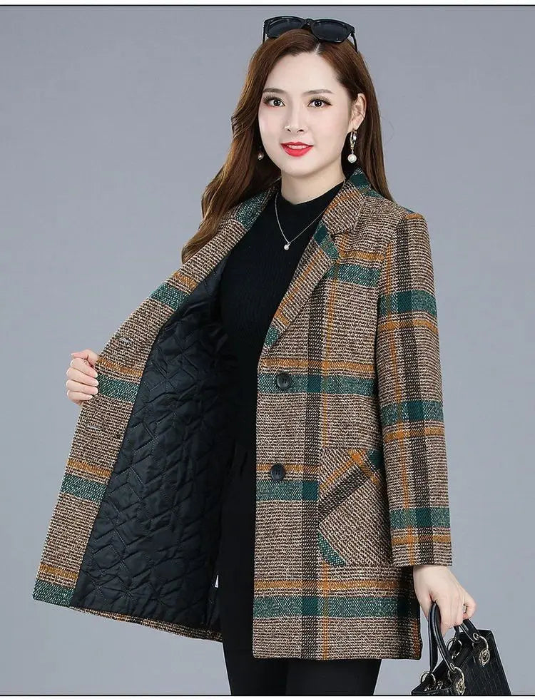 Mother's clothing Plaid Woolen Jacket 5xl Autumn Winter Female Thicken Slim Middle length Outwear Korea Women's Casual Wool Coat