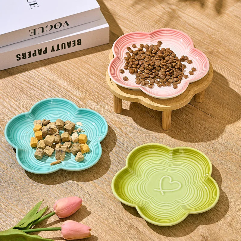 High Aesthetic Ceramic Pet Bowl with Wood Stand, Shallow Dish for Cat Snacks, Cute Bow Knot Pattern, Cat Food Dish,Home Kitchen