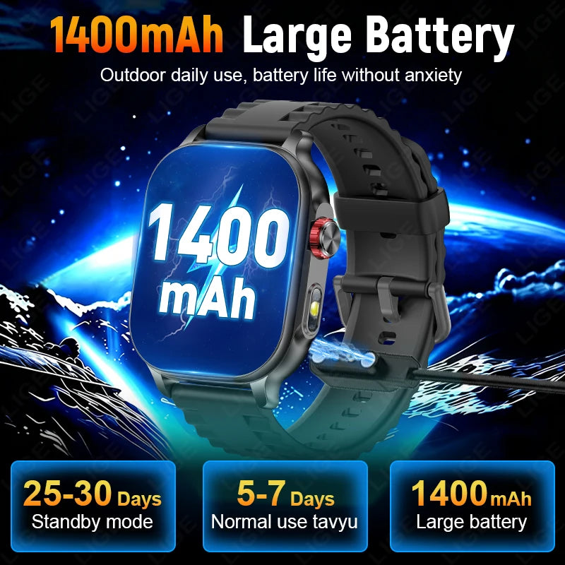 LIGE New Smart Watch Men Women 1400mAh Ultra Battery 2.01Inch HD Screen LED Flashlight IP68 Waterproof Bluetooth Call SmartWatch
