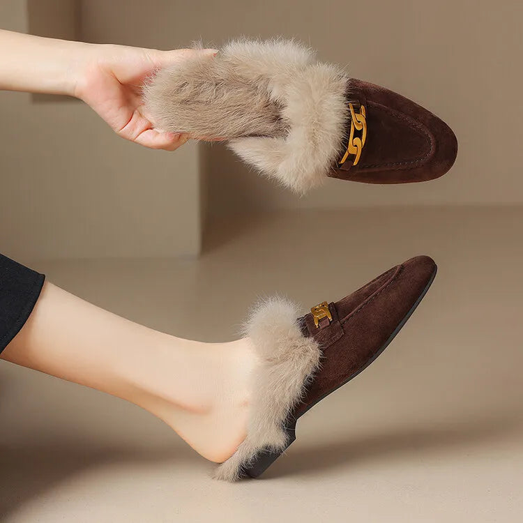 2023 Winter Sheep Suede Women Shoes Rabbit Hair Mules Shoes for Women Round Toe Low Heel Slippers Chunky Heel Cover Toe Slippers
