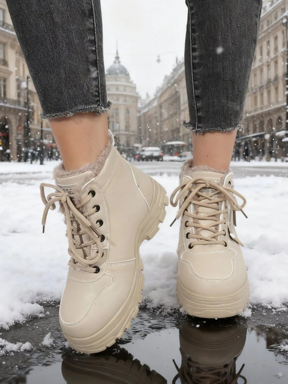 Women's Winter Snow Boots Warm Plush Lined Lace Up Chunky Platform Sneaker Booties Side Zipper Outdoor Walking Shoes for Ladies