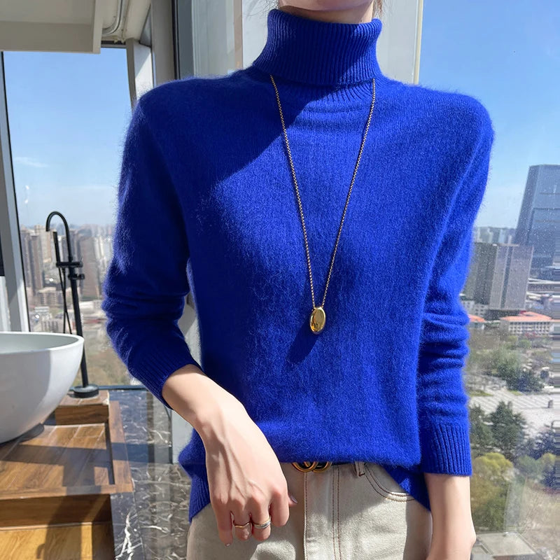 100% Mink Cashmere Top-Lapel Women Sweater Long-sleeves Fashion High-elasticity Sexy Winter Knitted Pullover Girl Tops 2024