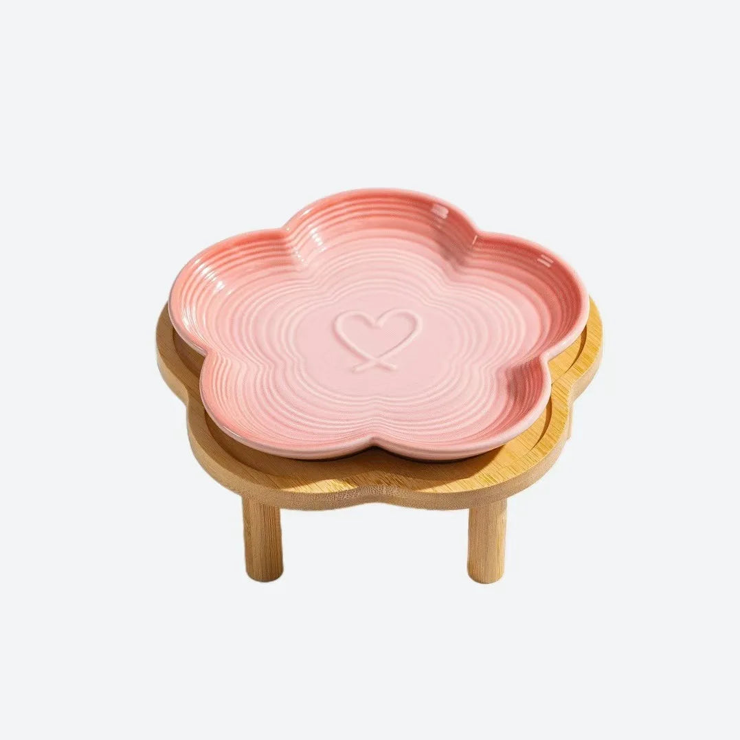 High Aesthetic Ceramic Pet Bowl with Wood Stand, Shallow Dish for Cat Snacks, Cute Bow Knot Pattern, Cat Food Dish,Home Kitchen