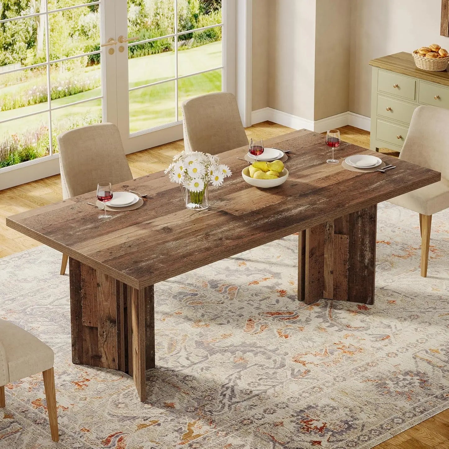 Farmhouse Dining Table for 4 to 6 People, 63-inch Rectangle Wooden Kitchen Table with Large Tabletop and Heavy Duty, Customized