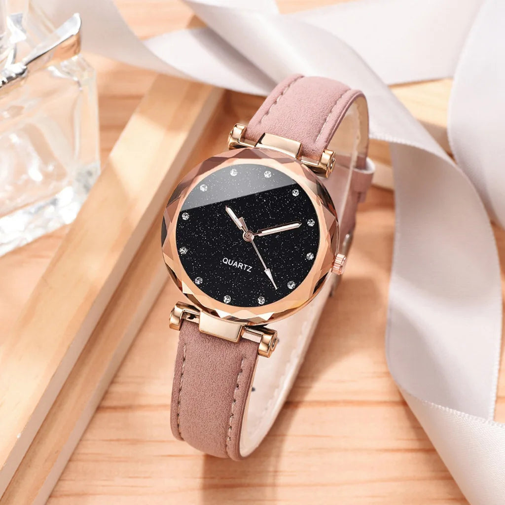 2pcs Luxury Fashion Women Watch Set PU Leather Strap Ladies Quartz Wristwatch Rhinestone RoseGold Alloy Bracelet For Ladies Gift