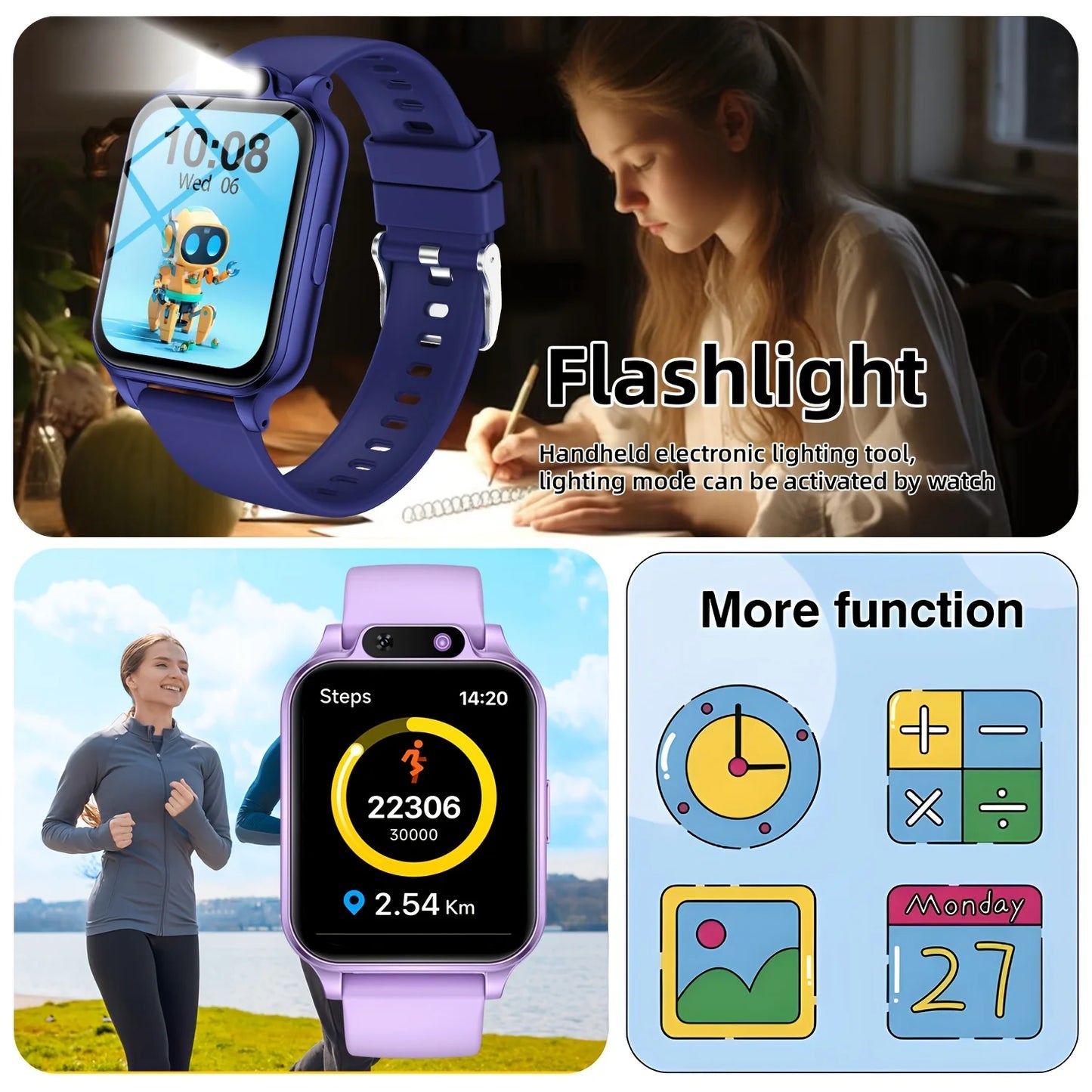 A Smartwatch Featuring a Front-Facing Camera, an Emergency Flashlight, 18 Engaging Educational Games