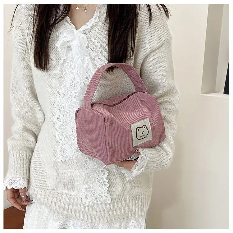 Bear Large Makeup Bag for Women Corduroy Cosmetic bag Make up Bags Zipper Pouch with handle Cosmetic Organizer Toiletry Bag