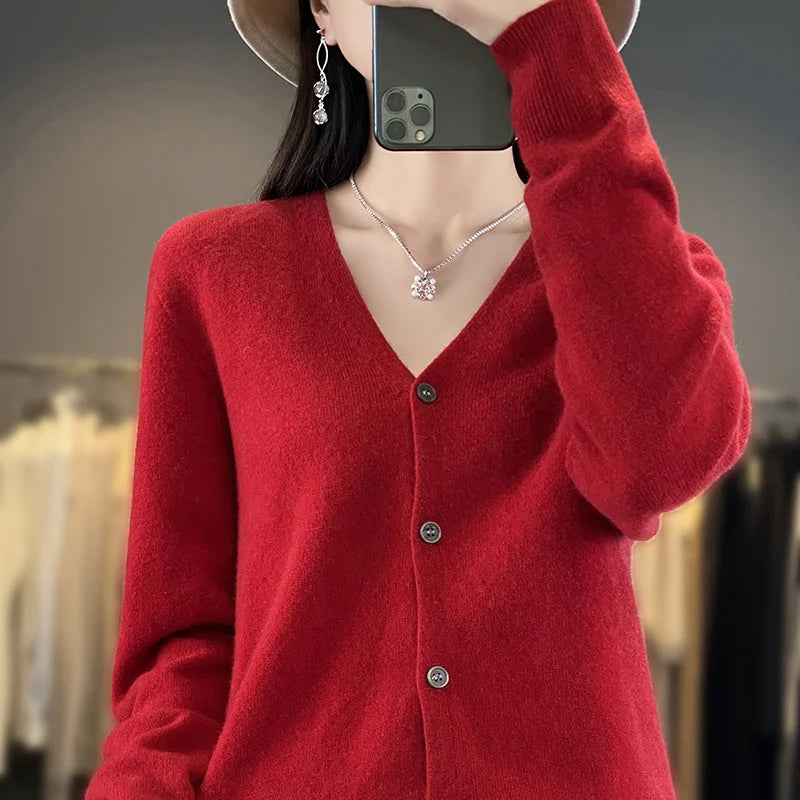 New Fashion Spring Autumn 100% Merino Wool Women's V-neck Cardigan Cashmere Sweater 2024 Female Knitwear Clothing Korean Tops
