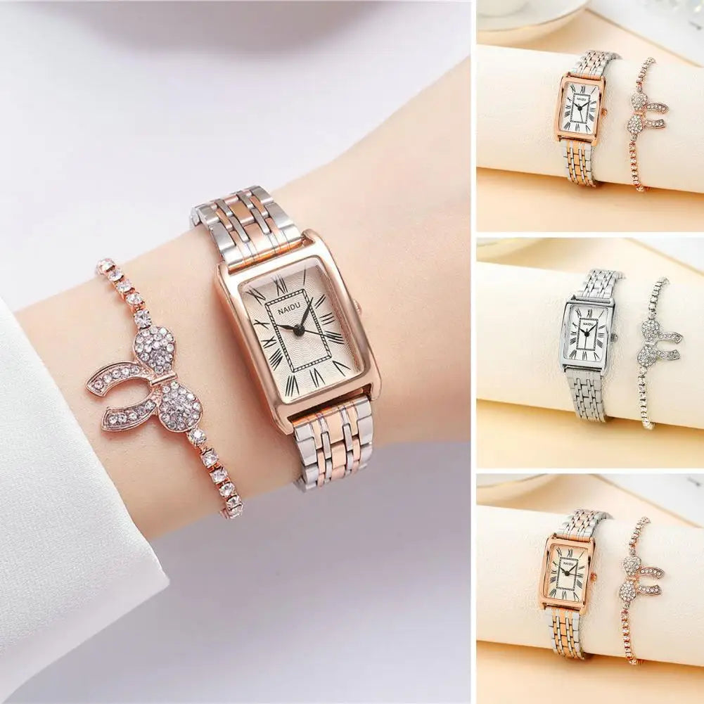 Women Watches Fashion Square Ladies Quartz Watch Bracelet Set Green Dial Simple Rose Gold Mesh Luxury Women Watches